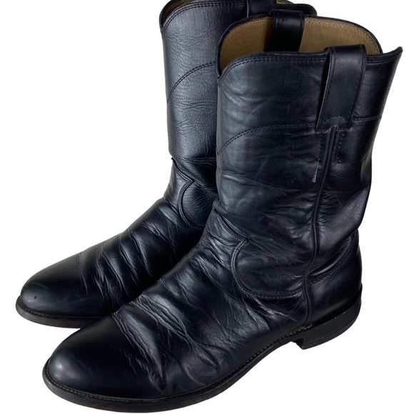 Justin Mens 9 D Cowboy Roper Boots Black Leather Western Rodeo Pull On - Picture 3 of 9